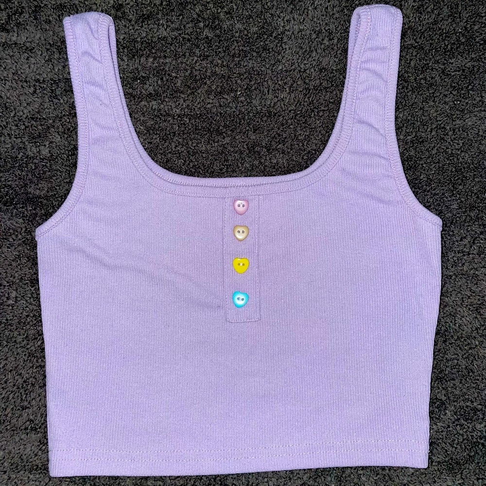 Purple Crop Top w/ Colorful Button Hearts. Woman’s Size: M